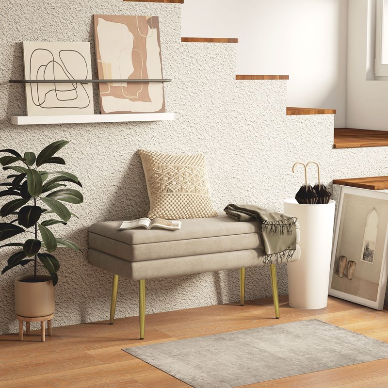 Banquette coffre de rangement 2 en 1 acier doré velours