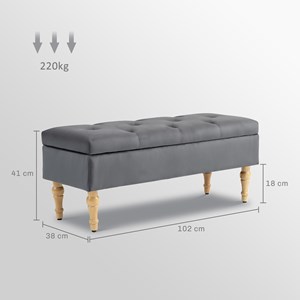 Banquette coffre style baroque bois assise effet capitonné velours gris