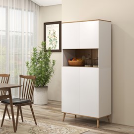 Buffet haut 4 portes 3 étagères grande niche bois pin blanc effet chêne clair