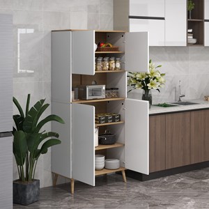 Buffet haut 4 portes 3 étagères grande niche bois pin blanc effet chêne clair