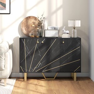 Buffet design - 3 portes, 2 étagères - métal doré aspect marbre noir