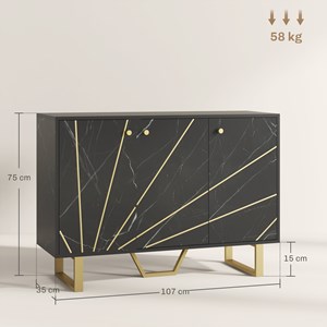 Buffet design - 3 portes, 2 étagères - métal doré aspect marbre noir