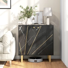 Buffet design - 2 portes, étagère - métal doré aspect marbre noir