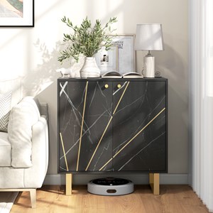 Buffet design - 2 portes, étagère - métal doré aspect marbre noir