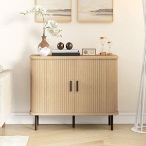 Buffet style scandinave 2 portes coulissantes acier noir aspect bois clair