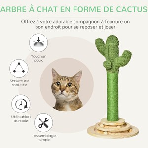 Griffoir chat design cactus - jouets intégrés - bois de pin sisal vert
