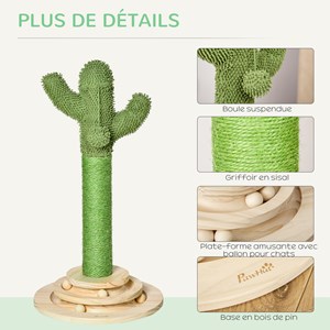 Griffoir chat design cactus - jouets intégrés - bois de pin sisal vert