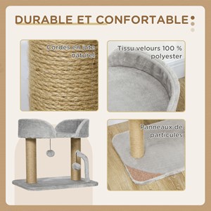 Arbre à chat 2 griffoirs jute naturelle panier jeu boules suspendues