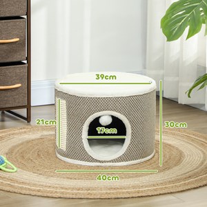 Panier niche griffoir grattoir 4 en 1 - 2 coussins, pompon - crème café