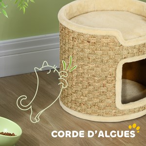 Panier coussin griffoir chat 3 en 1 jonc de mer peluche beige
