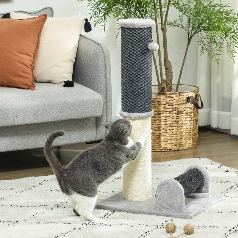 Arbre à chat griffoir h.85 cm - jeu boule, bande massante - gris