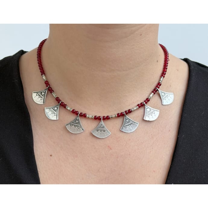 Collier Africain Touareg Avec Perles Et Cuir - À Franges - Occasion Très Bon état - Bijou Ethnique