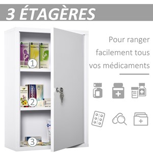 Armoire à pharmacie verrouillable 2 étagères 3 niveaux 2 clés métal blanc