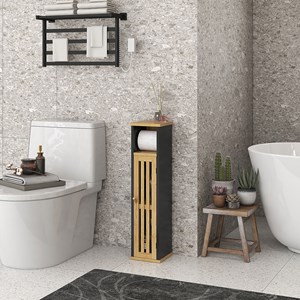 Meuble wc avec support papier toilette - porte, étagère - mdf noir bambou verni