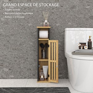 Meuble wc avec support papier toilette - porte, étagère - mdf noir bambou verni