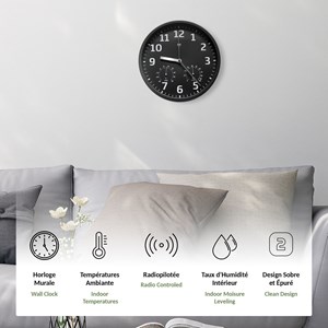 Horloge murale radiopilotée hygromètre thermomètre fond noir