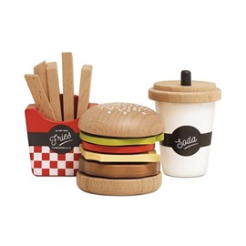 Hamburger frites et soda en bois
