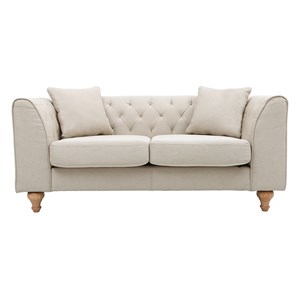 Canapé 2 places capitonné en tissu beige et bois clair montaigne