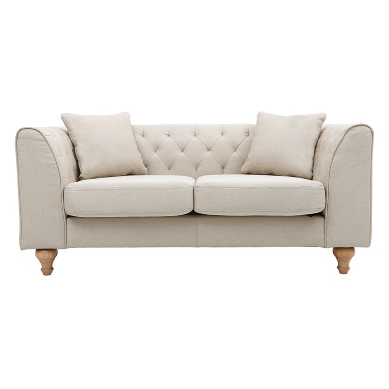 Canapé 2 places capitonné en tissu beige et bois clair montaigne