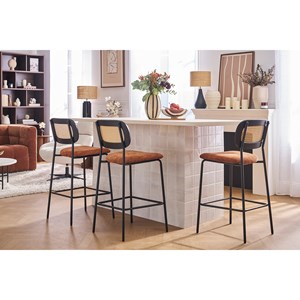 Tabourets en velours noir, métal noir et cannage rotin (lot de 2) miranda