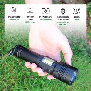 Torche 2000 lumens led portée 1500 m zoom télescopique rechargeable