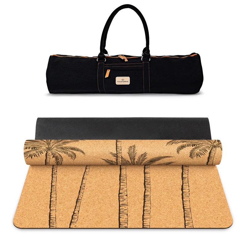 Tapis de yoga liège & caoutchouc naturel antidérapant royal palm avec sangle+sac
