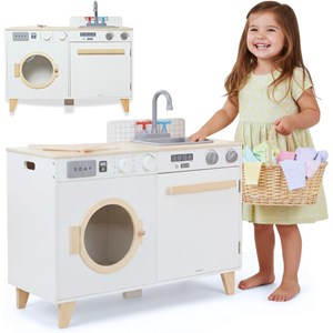 Cuisine enfant, buanderie bois - lave-linge, évier et accessoires