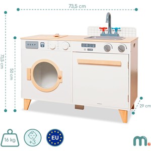 Cuisine enfant, buanderie bois - lave-linge, évier et accessoires