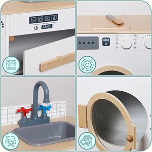 Cuisine enfant, buanderie bois - lave-linge, évier et accessoires