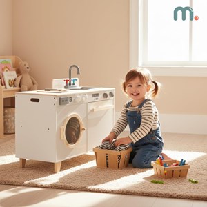 Cuisine enfant, buanderie bois - lave-linge, évier et accessoires