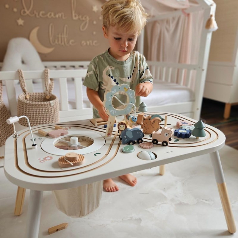 Mamabrum - Table d'activités bois- jouet éducatif enfant 3+, boucle motrice avec perles