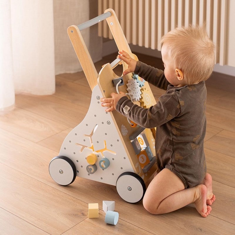 Trotteur bébé en bois avec tableau de manipulation - jouet d'e´veil bébé