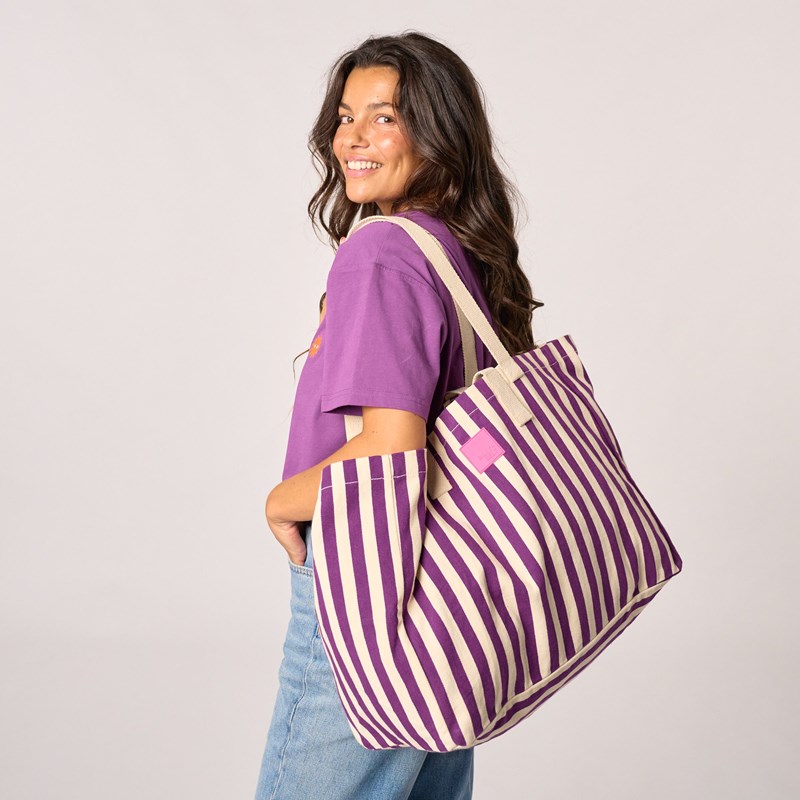 Sac cabas en coton biologique rayé violet et écru