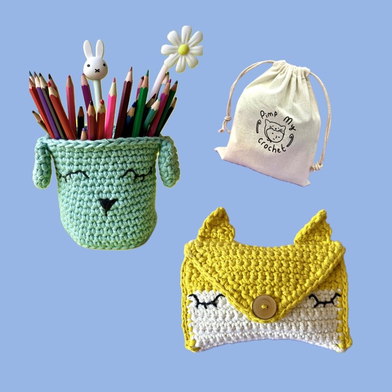 Kit de crochet : 2 kits le pot kawaï et la pochette renard