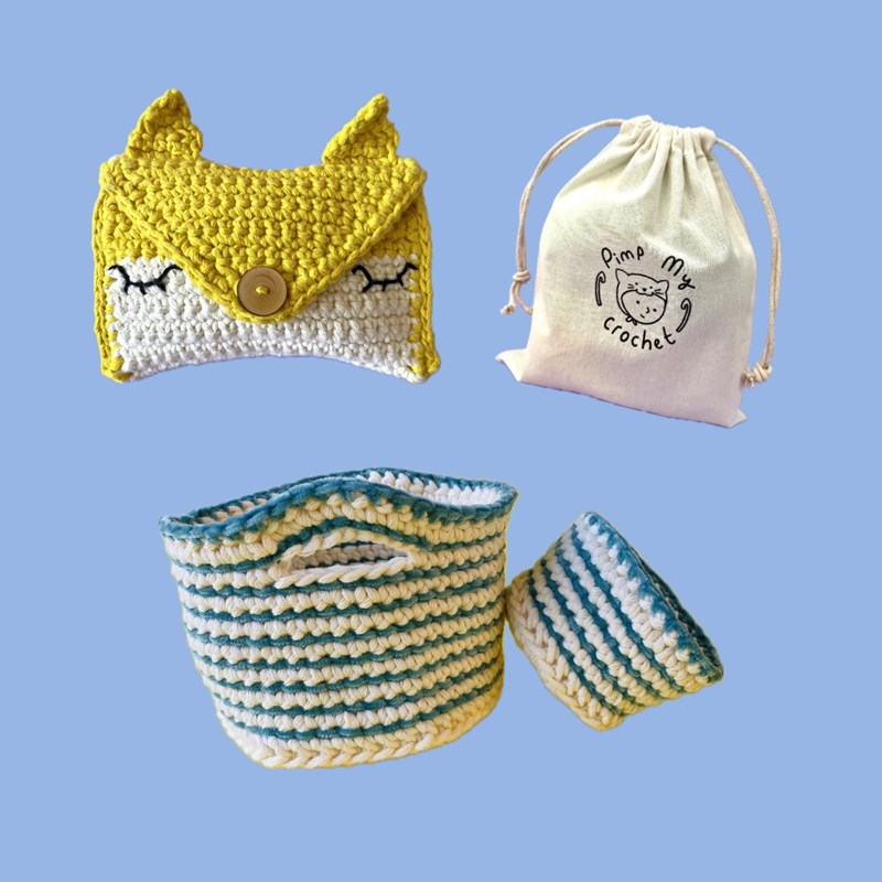 Kit de crochet : 2 kits corbeilles et la pochette renard