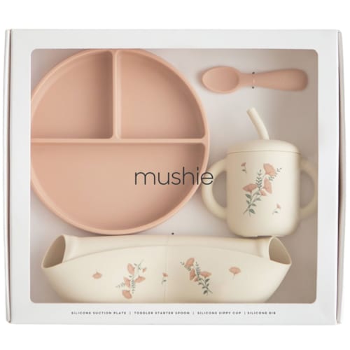 Mushie - Coffret repas en silicone pink flowers (4 pièces)