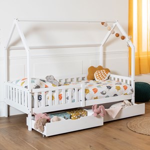 Lit cabane pour enfant 190x90cm blanc avec tiroirs marceau