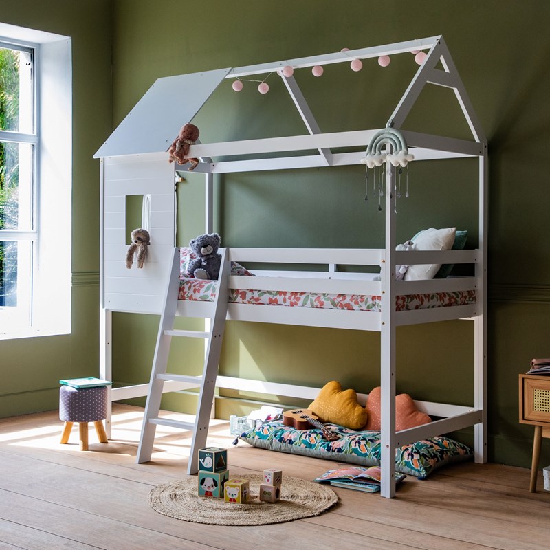 Happy Garden - Lit cabane mezzanine pour enfant 190x90cm blanc margot