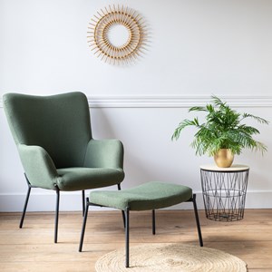 Fauteuil en tissu boucle vert kaki avec repose-pieds eira