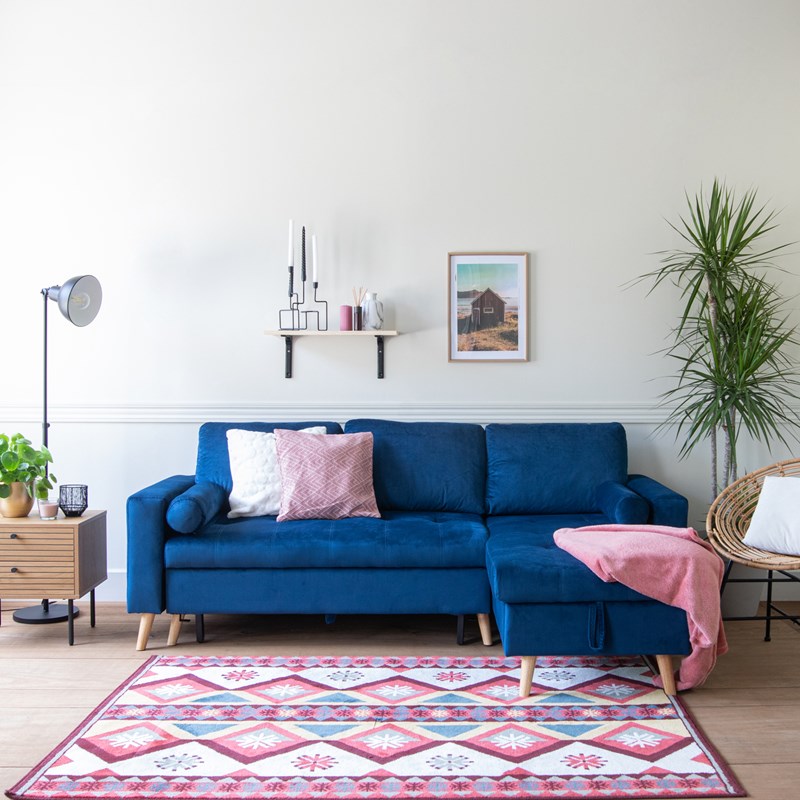 Canapé d'angle convertible james 3 places en velours bleu