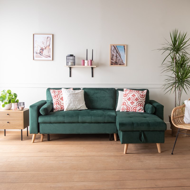 Canapé d'angle convertible james 3 places en velours vert