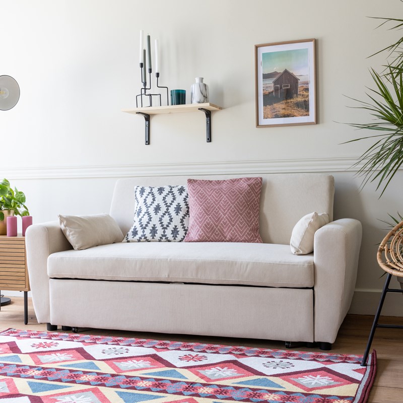 Canapé convertible en velours côtelé beige 2 places matt