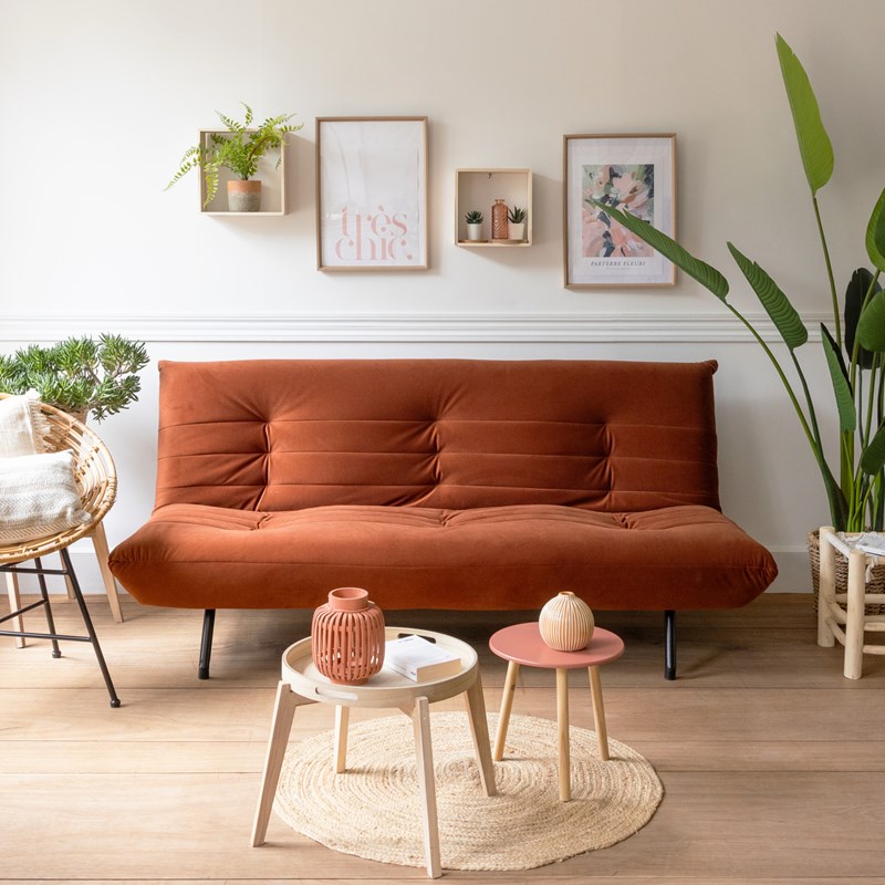Canapé convertible 3 places en velours terracotta anatole
