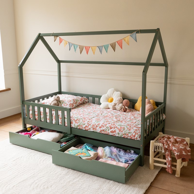 Lit cabane pour enfant 190x90cm vert avec tiroirs marceau