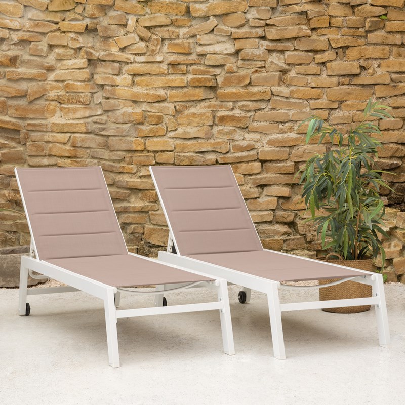 Lot de 2 bains de soleil barbados en textilène taupe - aluminium blanc