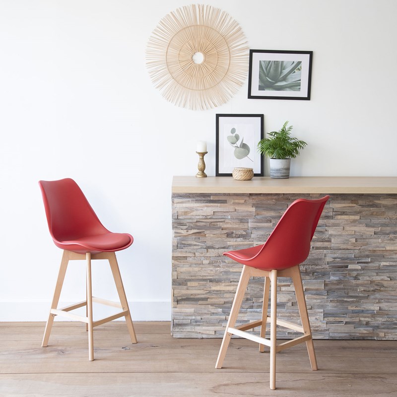 Happy Garden - Lot de 2 tabourets scandinaves sven rouge avec coussin