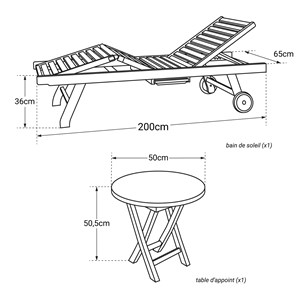 Ensemble bain de soleil pliant en teck avec table d'appoint lombok