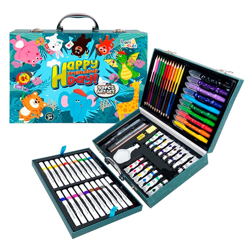 Malette beaux-arts 99 pièces avec crayons et marqueurs, aquarelles, pastels.