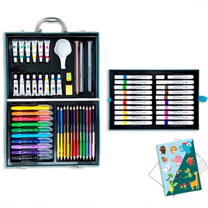 Malette beaux-arts 99 pièces avec crayons et marqueurs, aquarelles, pastels.