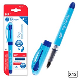 Pack 12 stylos encre liquide point bille bleu avec 6 recharges.